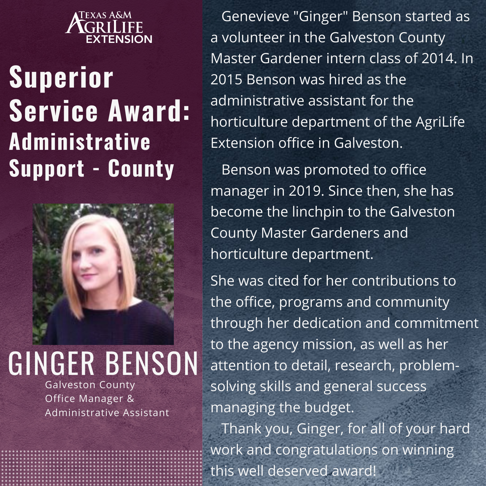 Superior Service Award – Genevieve Ginger Benson